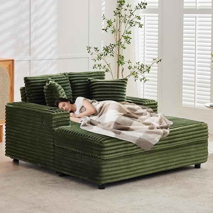 GarveeHome Oversized Chaise Lounge Chair Indoor, 56x60 Inch Comfortable Corduroy Lounge Sofa with Charging Ports & Cup Holders, Cozy Reading Couch for Bedroom Living Room Apartment, Green