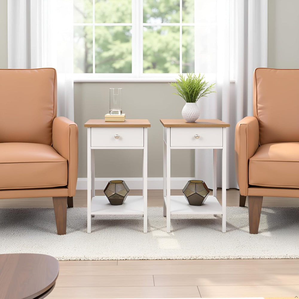 Side Table Set - Small Nightstand Set of 2 with Drawer and Open Storage Shelf...
