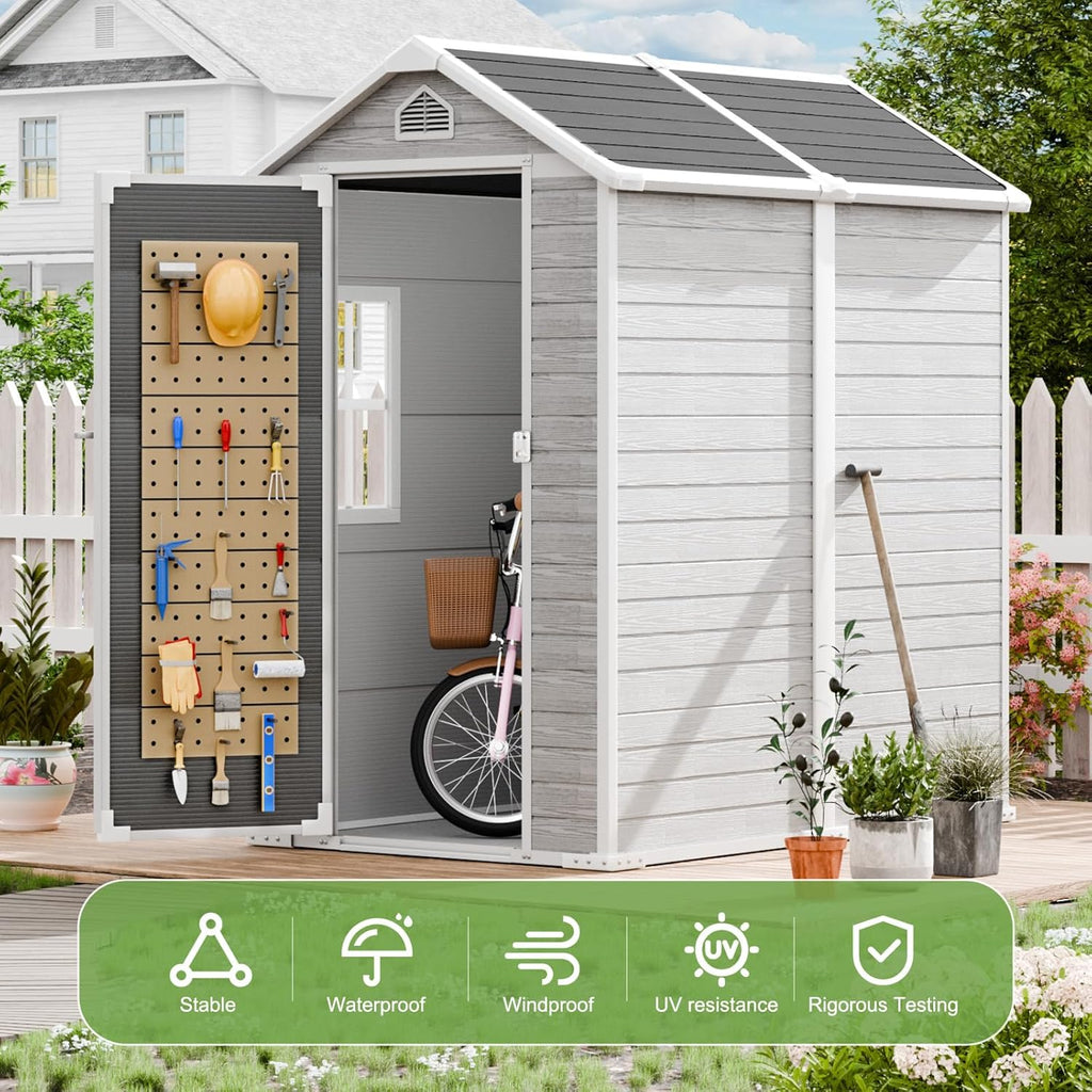 6x4 FT Outdoor Storage Shed, Waterproof Resin Shed with Floor & Lockable Door & Window & Vents, Plastic Tool Shed for Backyard, Patio, Poolside, All Weather Use,Dove Grey