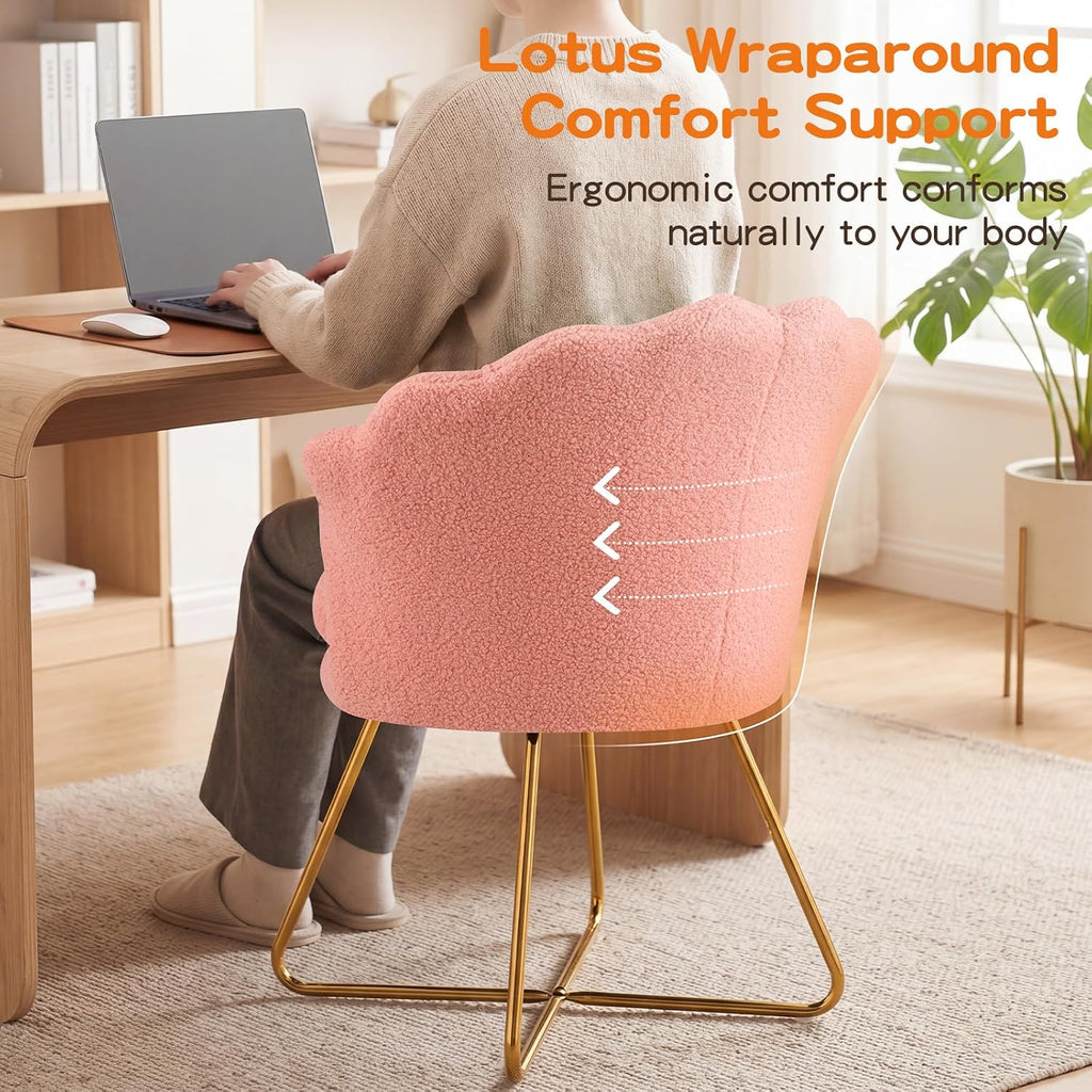 Furniliving Vanity Chair with Back, Upholstered Accent Chair for Living Room, Makeup Chair for Bedroom Sherpa ArmChairs Home Office Desk Chair with Gold Metal Legs (Pink)