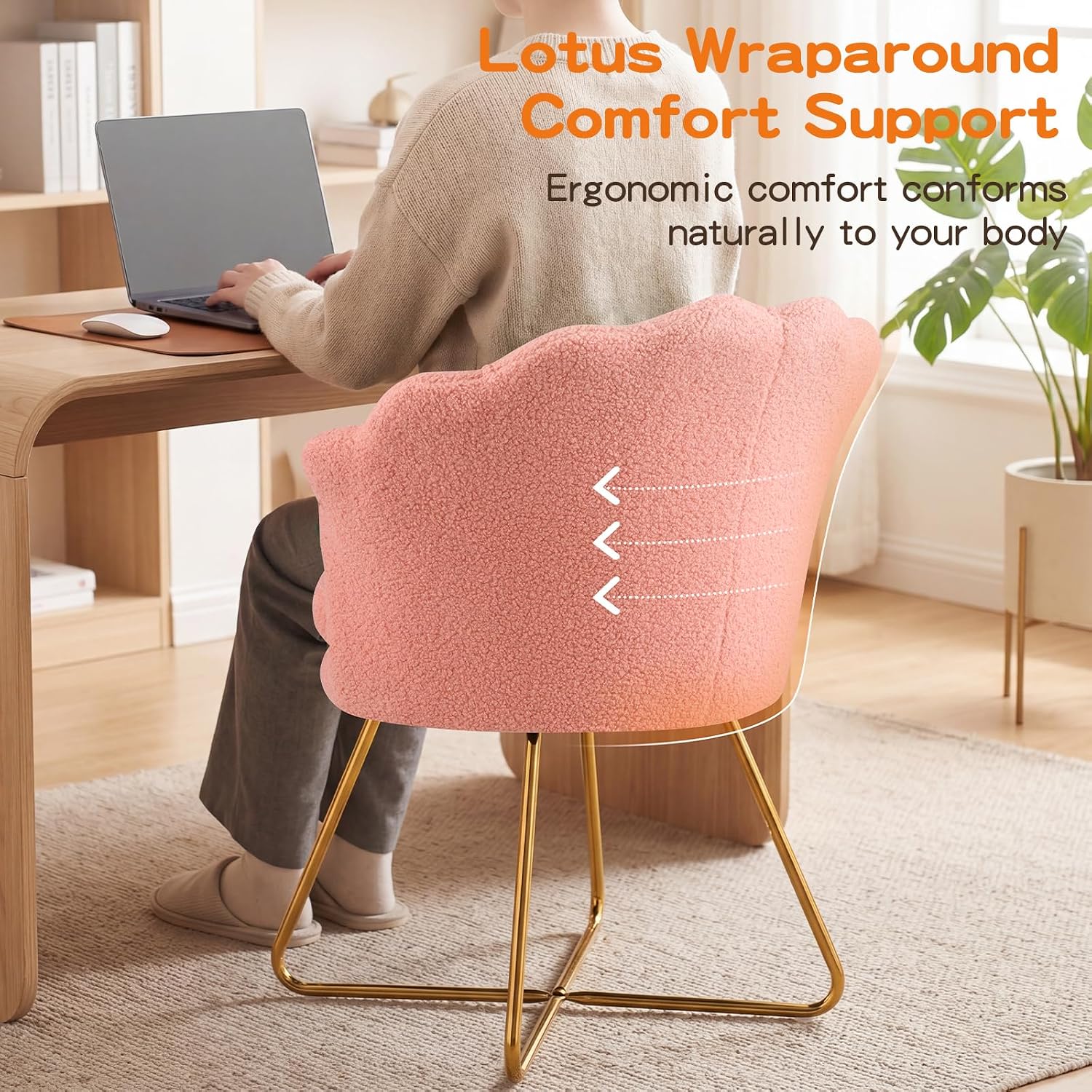 Furniliving Vanity Chair with Back, Upholstered Accent Chair for Living Room, Makeup Chair for Bedroom Sherpa ArmChairs Home Office Desk Chair with Gold Metal Legs (Pink)