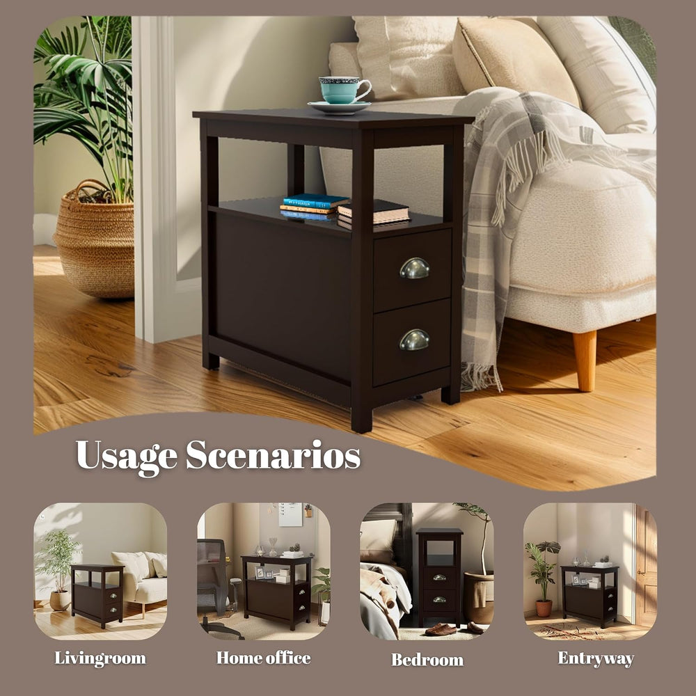 Narrow End Table with Two Drawers & Open Shelf - Brown Nightstand/Side Ta...