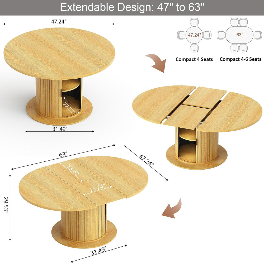 47"-63" Extendable Round-to-Oval Dining Table with Double-Layer Hid...