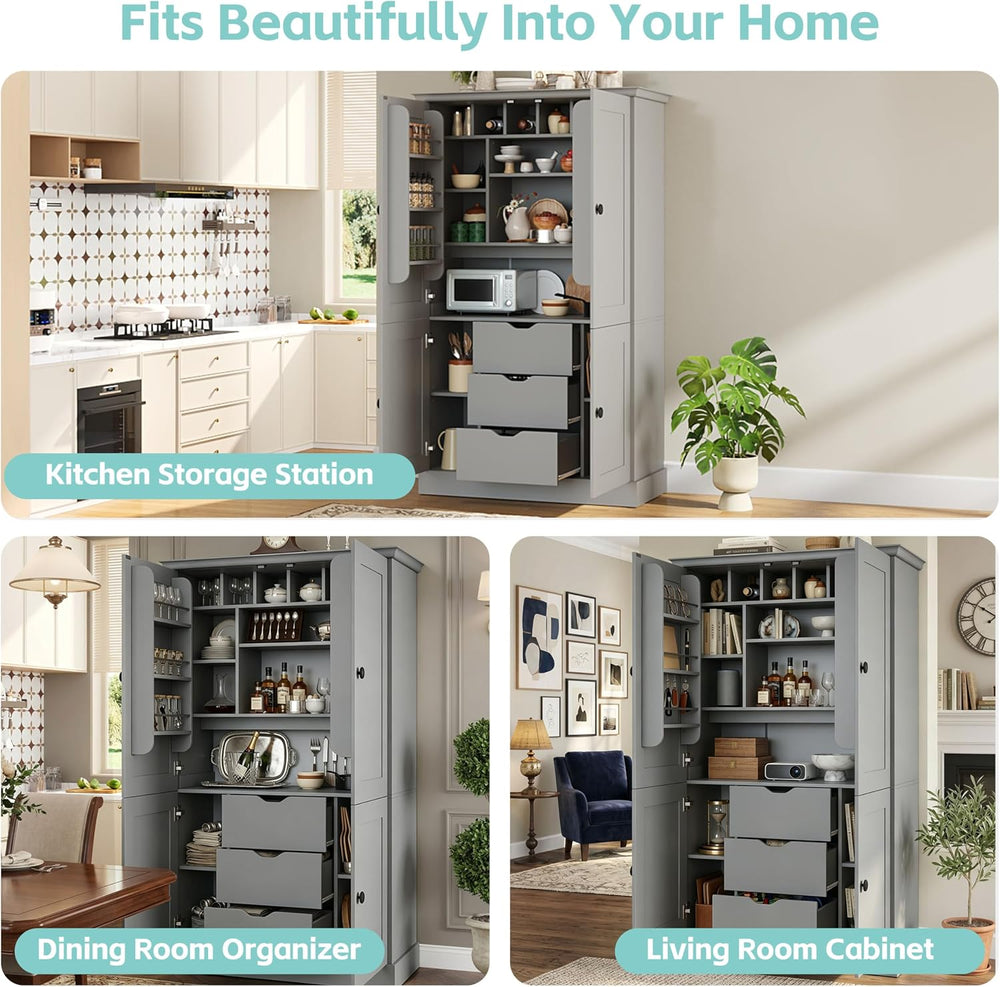Freestanding Kitchen Pantry,Tall Storage Workstation with 4 Doors, 6 Door She...