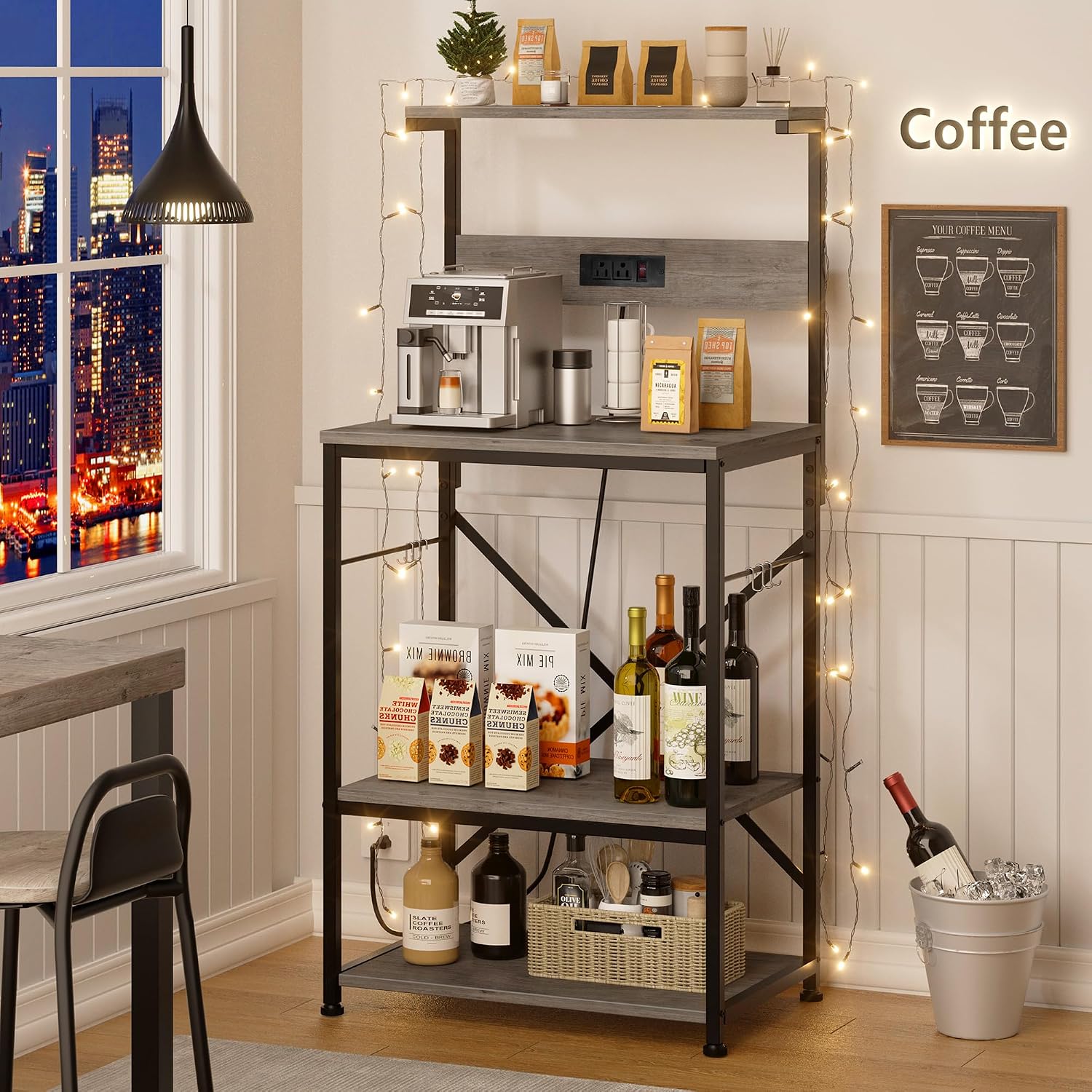 Kitchen Bakers Rack with Power Outlet, Microwave Stand with 6 S-Shaped Hooks, 4-Tier Coffee Bar Microwave Rack (Grey)