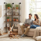 Industrial Pipe Corner Bookshelf, Wall Ladder Shelves/Shelving/Bookcase | 4 Tiers Wood Floating Shelf, Heavy Duty L Shaped Metal Pantry Shelving Rack for Living Room, Bedroom, Home, Office, Kitchen