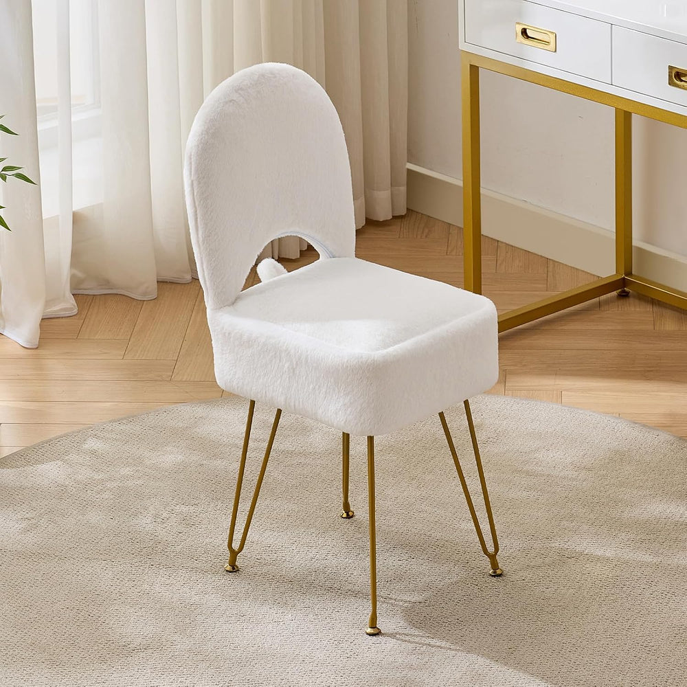 Gitrah White Vanity Chair with Storage, Folding Back Faux Fur Vanity Stool, M...