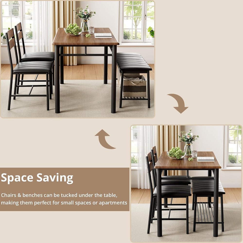 IRONCK Dining Table Set for 4, Kitchen Table with Upholstered Bench and 2 Cha...