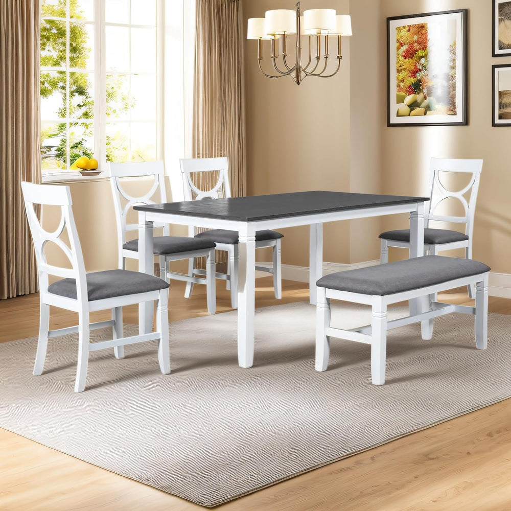LUMISOL 6 Piece Farmhouse Dining Table Set with Bench, Gray Wash+White