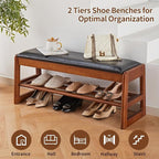 Shoe Rack Bench with Storage-Wood Shoe Bench for Entryway 40" 2 Tier Shoe Organizer with Cushion, PU Solid Wood LEDs Flip Top Entryway Shoe Organizer Space Saving Hallway