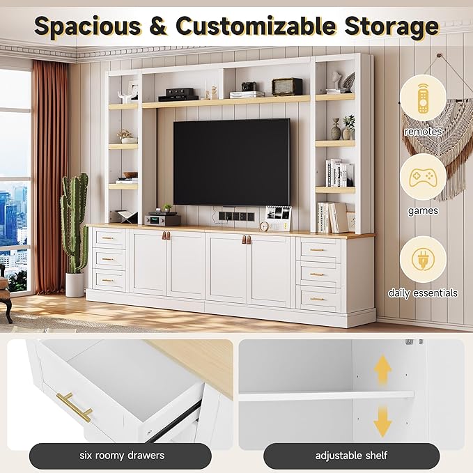 Merax 102.3 Inch Wide Farmhouse Entertainment Center, Rustic TV Stand with 6 Drawers & Adjustable Shelves, Large Media Console for TVs up to 75", Modern Bookshelves Wall Unit, White
