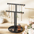 Necklace Rack Stand with Storage Tray - 2 Rods T-Shaped Jewelry Holder Stand for Bracelets, Earrings, Rings | Elegant Vanity & Dresser Top Storage for Women, Black.