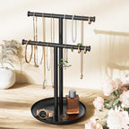 Necklace Rack Stand with Storage Tray - 2 Rods T-Shaped Jewelry Holder Stand for Bracelets, Earrings, Rings | Elegant Vanity & Dresser Top Storage for Women, Black.