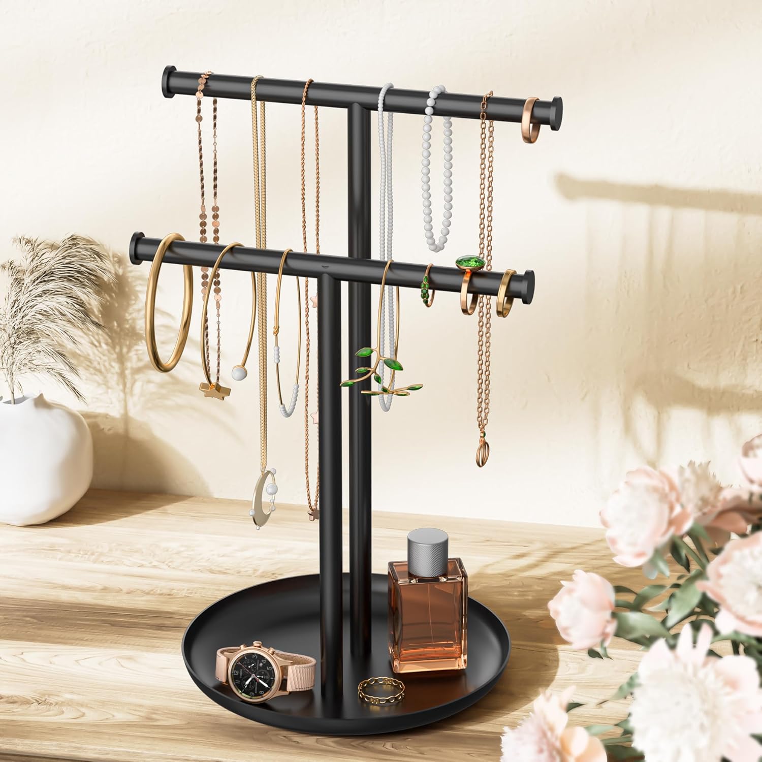 Necklace Rack Stand with Storage Tray - 2 Rods T-Shaped Jewelry Holder Stand for Bracelets, Earrings, Rings | Elegant Vanity & Dresser Top Storage for Women, Black.