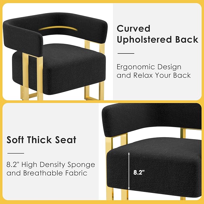 STHOUYN Modern Black Boucle Dining Chairs Set of 2 with Gold Metal Legs, Mid Century Barrel Kitchen Chairs Set, Upholstered Accent Armchairs Dining Room Set, Living Room, Apartment (Black, 2pcs)