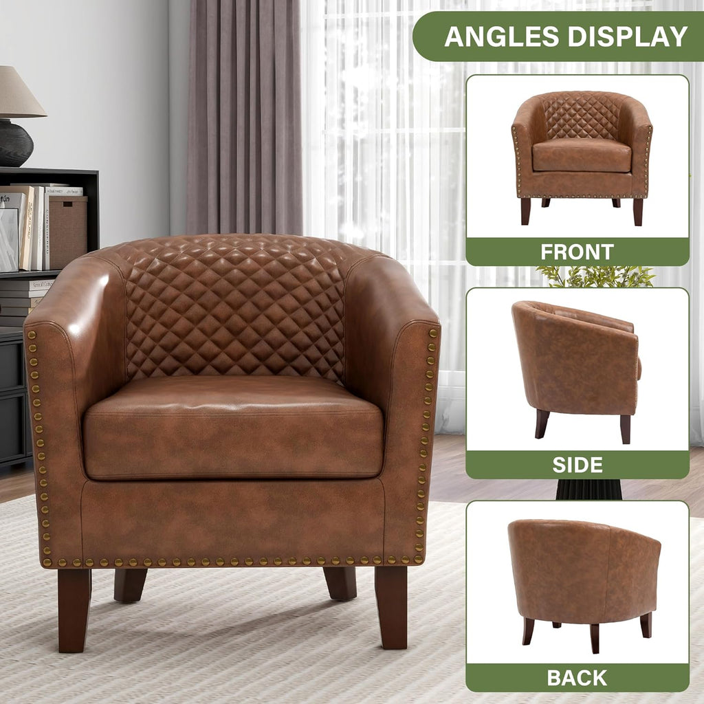 PU Leather Barrel Accent Chairs Set of 2, Modern Upholstered Armchair Round Club Chair for Living Room, Comfy Nailed Trim Arm Chair Bedroom Side Reading Seat - Brown