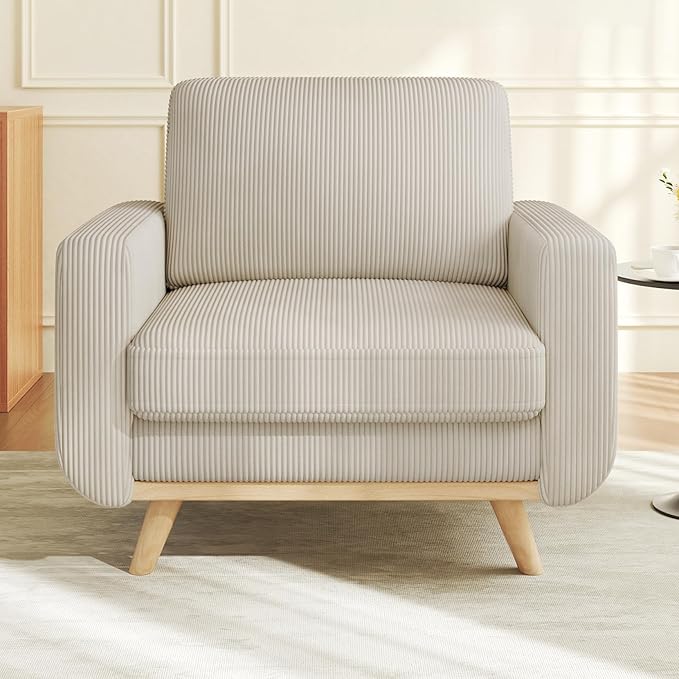 Vesgantti 38.5" Accent Chair Light Gray, Comfy Corduroy Single Sofa Seat with Spring Cushion, Upholstered Armchair with Deep Seat, Reading Chair for Adults, Modern Sofa for Living Room, Bedroom