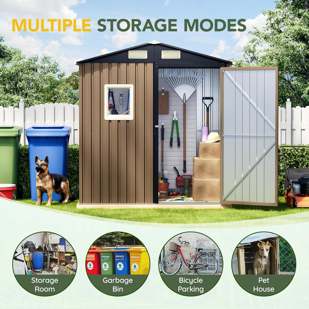 Breezz 6x4FT Outdoor Steel Storage Shed, Lockable Doors, Compact Metal Tool Shed for Garden, Backyard, Patio, Utility, and Bike Storage,Brown