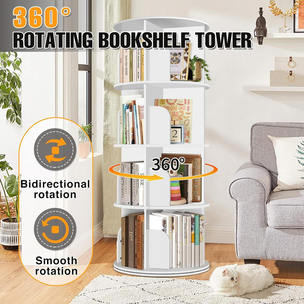 RUNSUNSPRI 4 Tier Rotating Bookshelf Tower, Spinning Bookshelf, Revolving 360° Bookcase Storage Round Carousel, Vertical Rotate Turning Spiral Corner Organizer Lazy Susan, White