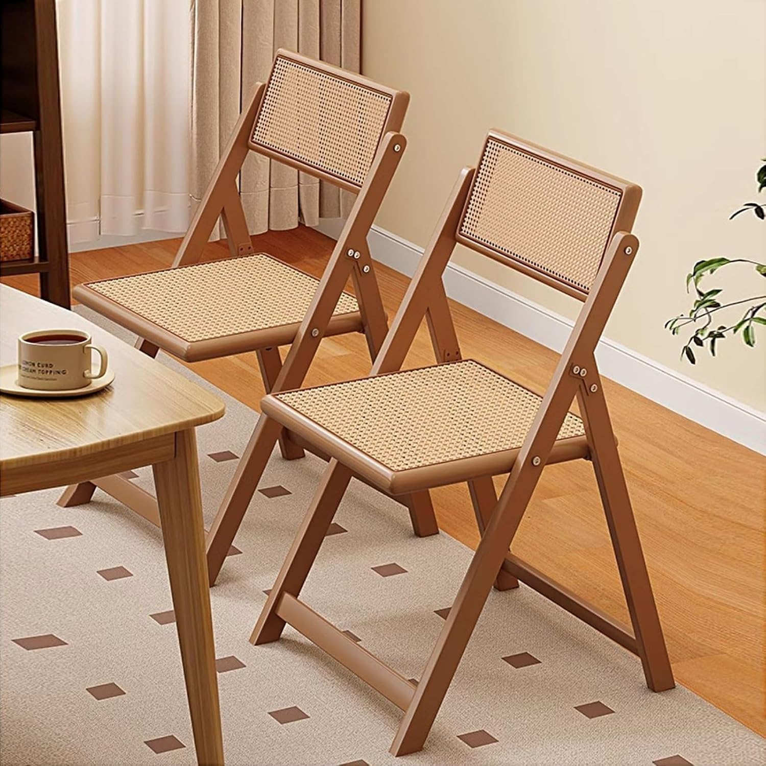 PE Rattan Folding Dining Chairs Set of 2, Modern Mid Century Dining Outdoor Bamboo Chairs for Bedroom,