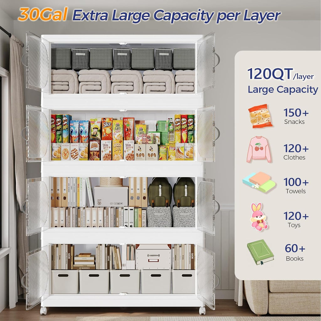 720QT Extra Large Stackable Storage Bins with Lid & Wheels & Doors, 180Gal Foldable Collapsible Closet Organizers, Plastic Cabinet Box Container Drawer for Home Kitchen Bedroom, 6Pack White