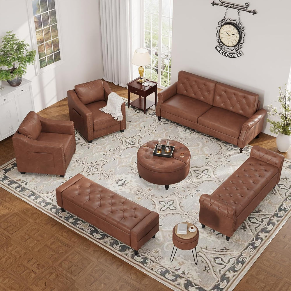 60" Storage Ottoman Bench, Faux Leather Upholstered Bed Bench, Brown | B...