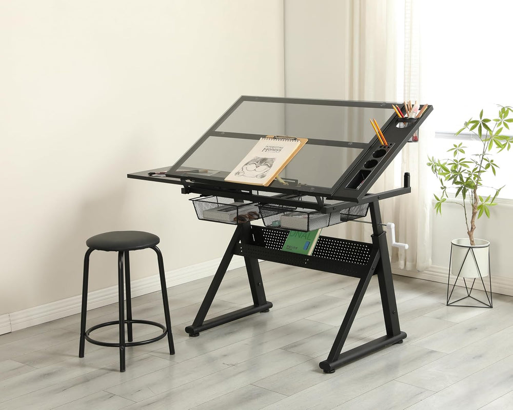 Hand Crank Lifting Drawing Table Black Tempered Glass Metal Workstation, 0-70...