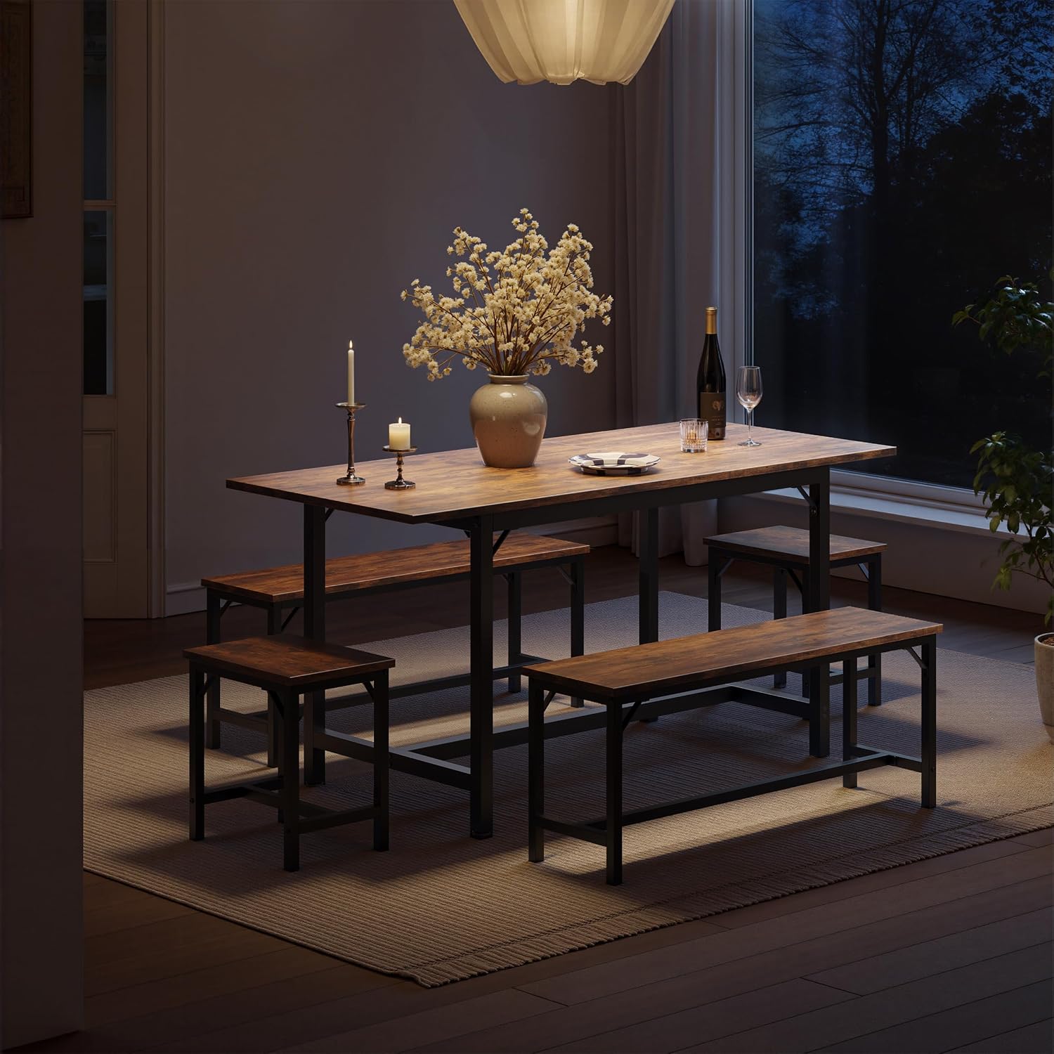 Tatub 5-Piece Dining Table Set for 4-8, 63" Extendable Dining Room Table with 2 Benches and 2 Square Stools, Space Saving Rectangle Kitchen Table Set for Breakfast Nook and Small Space,Brown