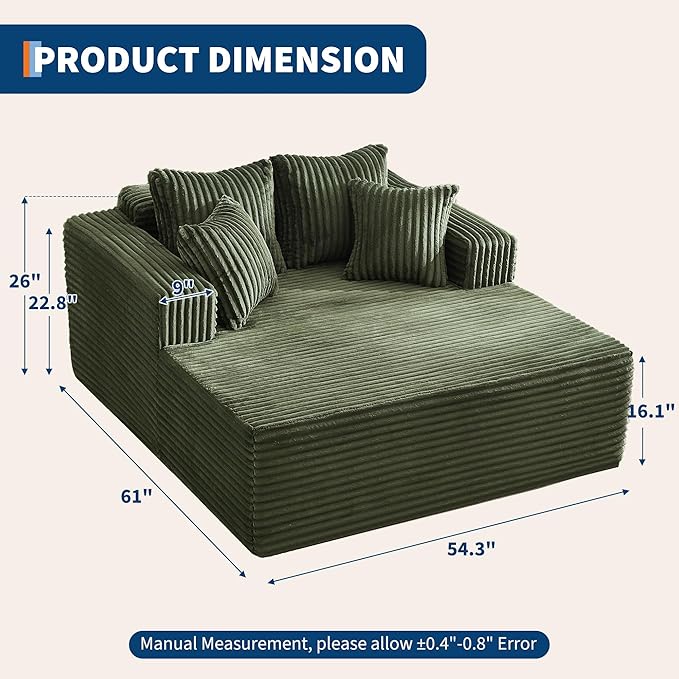 54.3"W Oversized Chaise Lounge Chair Indoor, Boneless Corduroy Sleeper Sofa Bed with 4 Pillows, Armrests, Comfy Fluffy Reading Couch, No Assembly Required Cloud Sofa for Living Room, Bedroom, Office
