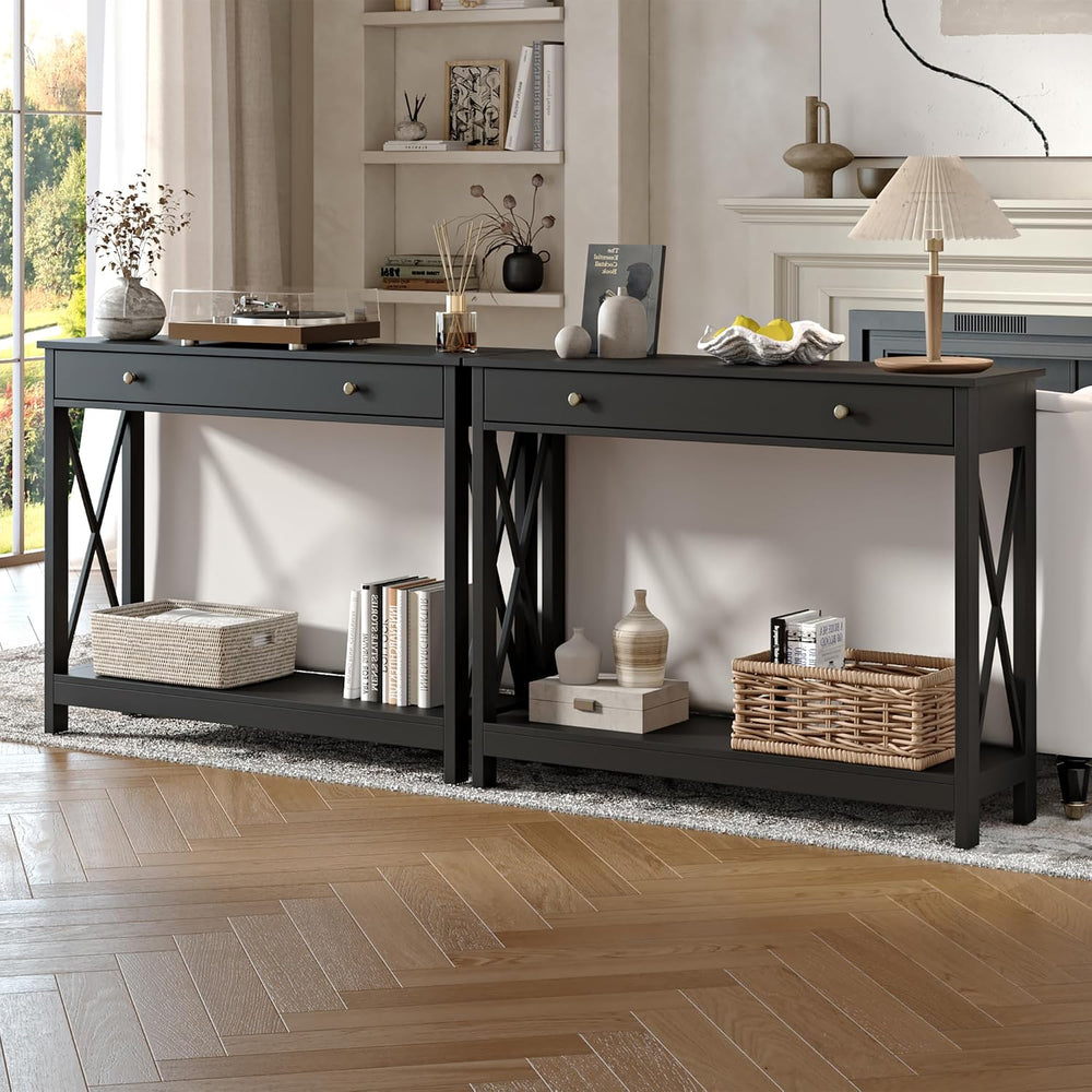 Treocho Black Console Table with Drawer and Storage Shelves, Foyer Sofa Table...