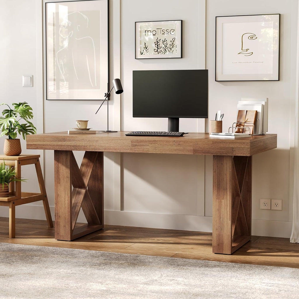 LITTLE TREE 63-Inch Computer Desk, Simple Thick Appearance, Study Gaming Writing Workstation Executive Office Desk for Home, Study Room, Office, Rustic Brown
