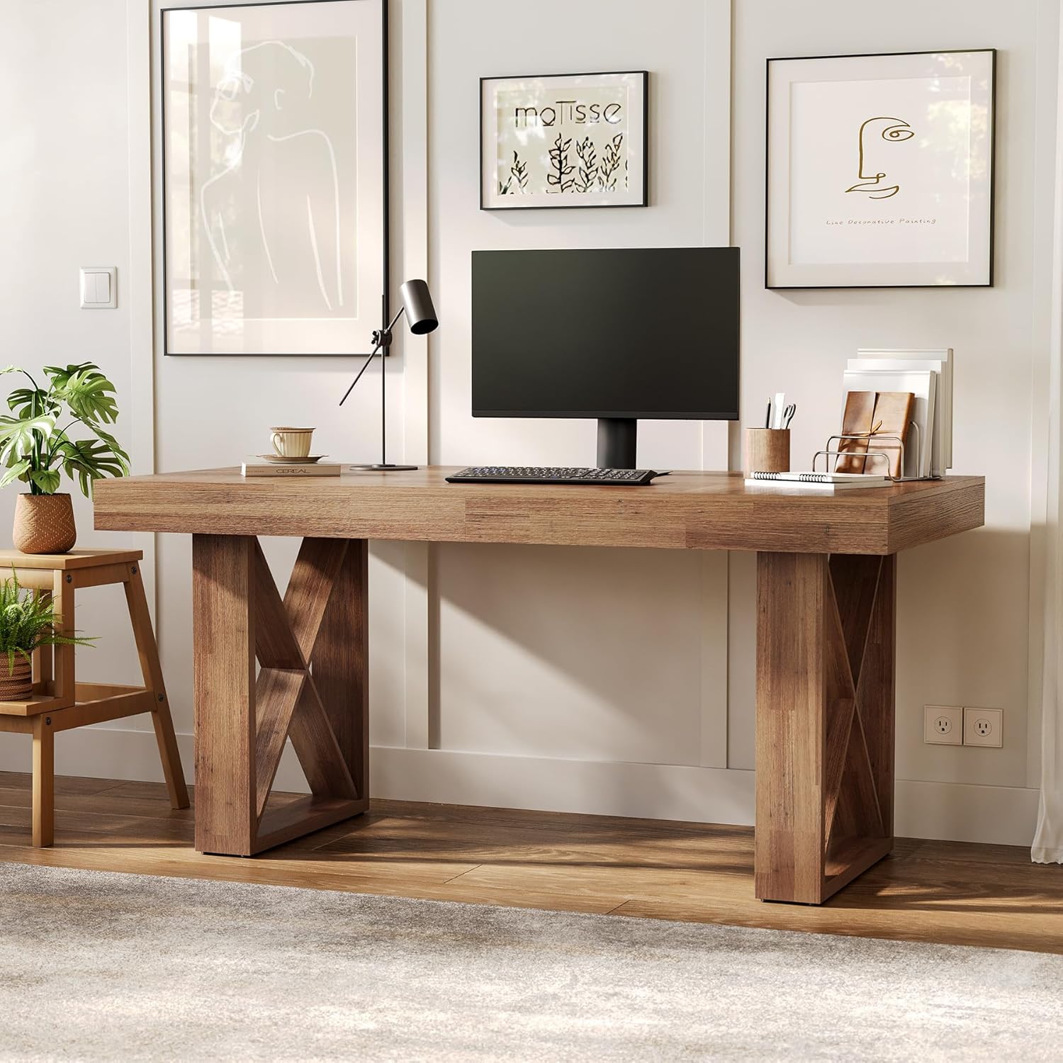 LITTLE TREE 63-Inch Computer Desk, Simple Thick Appearance, Study Gaming Writing Workstation Executive Office Desk for Home, Study Room, Office, Rustic Brown