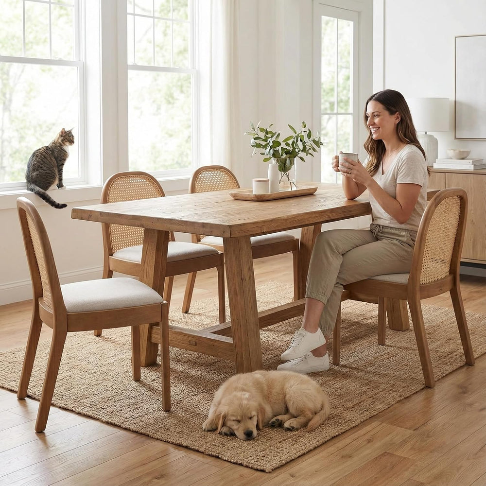 LukeAlon Linen Dining Chairs Set of 4, Natural Woven Cane Back with Solid Woo...