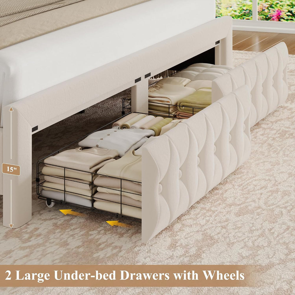 King Bed Frame 55" Tall Headboard with LED Lights, Buttons Tufted Velvet...