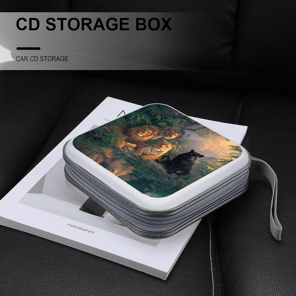 Tiger Lionpanther Print CD Case 40 Capacity DVD Case Holder Wallet Organizer for Car Home