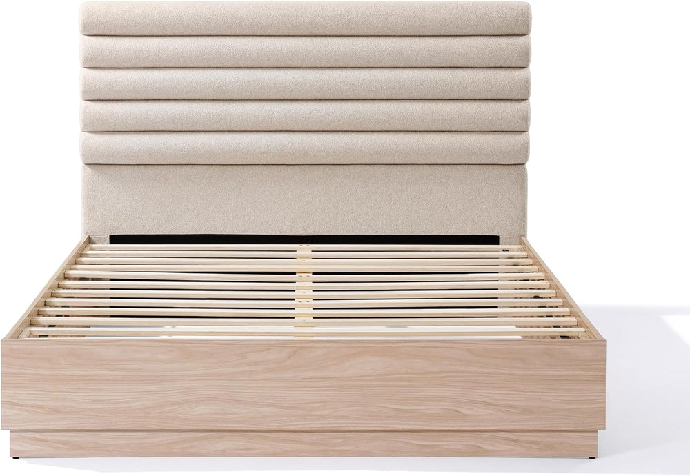 Modern Upholstered Queen Bed Frame, Taupe Boucle Fabric Headboard with Sturdy...