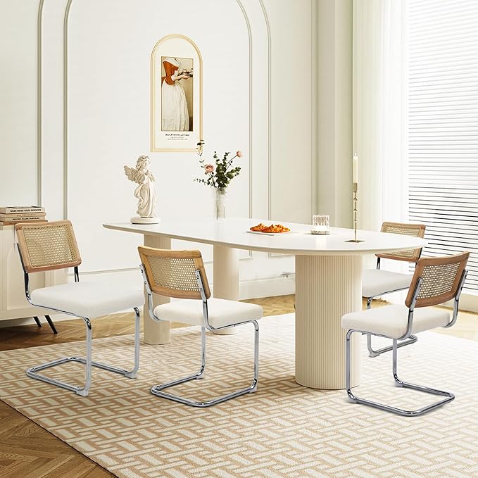 Dining Chairs Set of 4, Modern Rattan Kitchen Chairs, Mid Century Modern Design, Polished Chrome Frame, Upholstered Seat, White