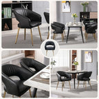 Faux Leather Dining Chairs Gold Legs, Modern Black PU Leather Dining Room Chairs with Arms Set of 6 Upholstered Accent Chair Armchair with Barrel Back for Kitchen Living Room