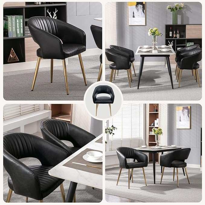 Faux Leather Dining Chairs Gold Legs, Modern Black PU Leather Dining Room Chairs with Arms Set of 6 Upholstered Accent Chair Armchair with Barrel Back for Kitchen Living Room