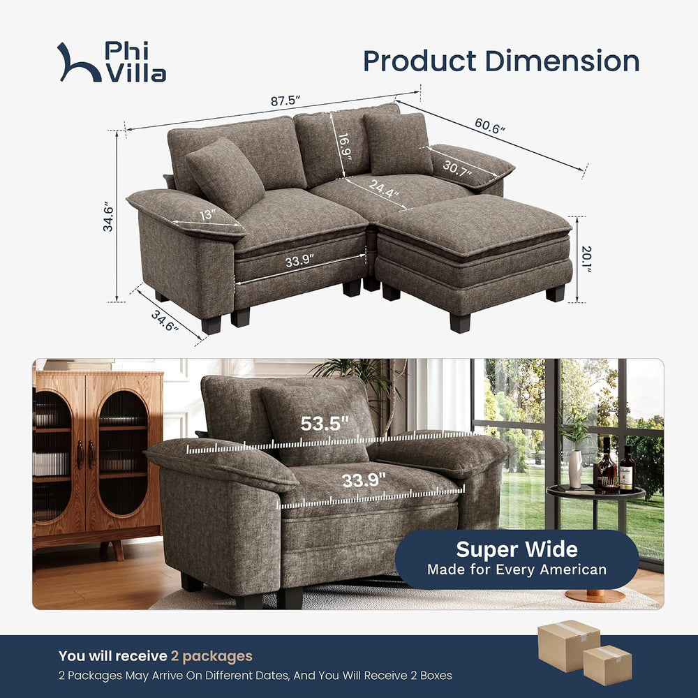 PHI VILLA 87.5" Oversized Sectional Loveseat Sofa with 1 Movable Ottoman