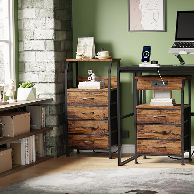 Furnulem Night Stand with Charging Station, Small Dresser with 4 Fabric Drawe...