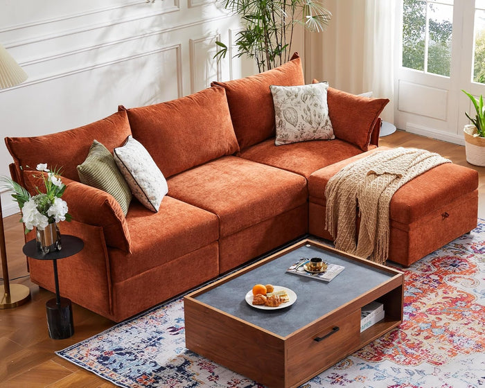 ABCASA L-Shaped 4-Seater Modular Sectional Sofa with Movable Storage Ottoman, Comfy Cloud Couch Set in Terracotta Orange Chenille for Living Room