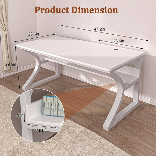 47 inch Computer Desk, Home Office Desk with Storage Shelf, Sturdy U-Shaped Metal Frame Study Table with Cable Management, Gaming Desk for Office & Bedroom, White