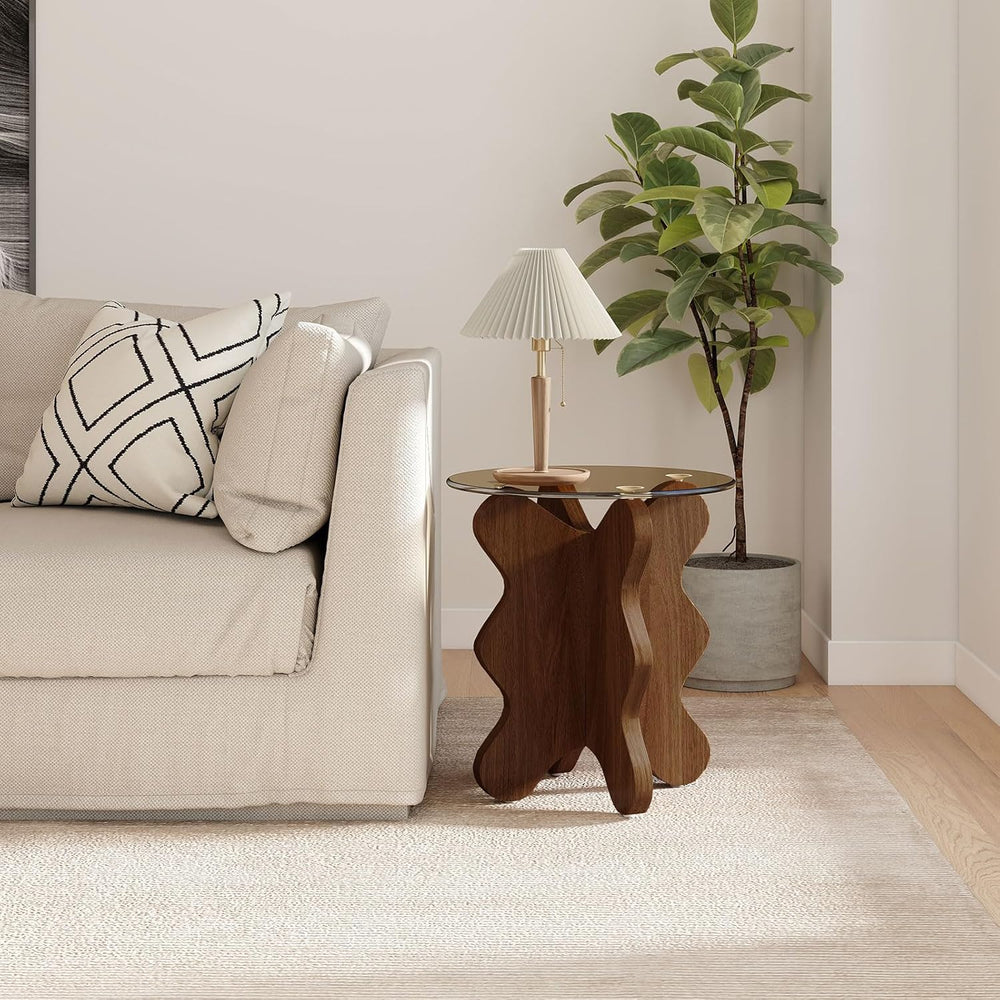 MDF Frame Side Table with Brown Tempered Glass Top, Mortise and Tenon Joint D...