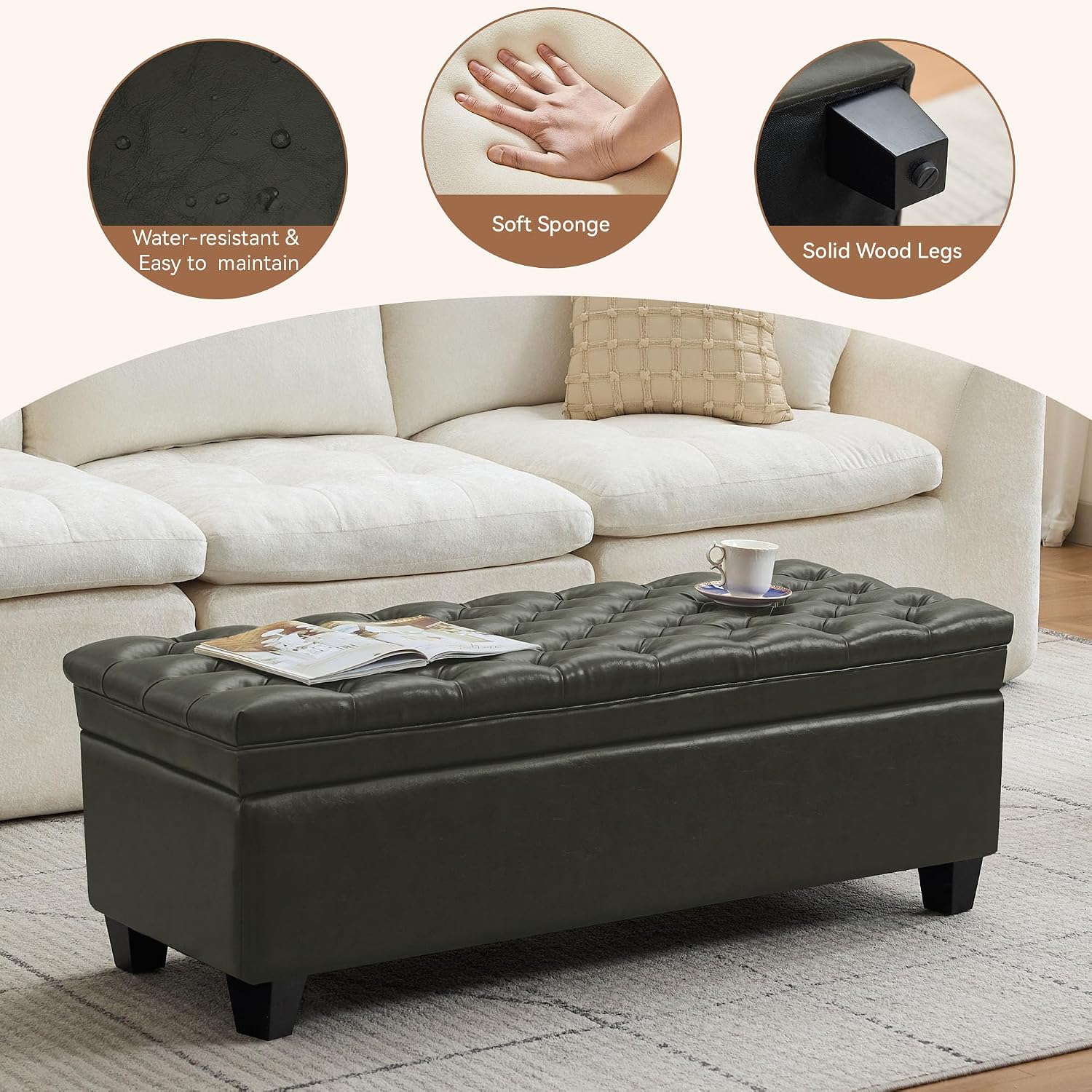 WUTUTUEE 50" Faux Leather Storage Ottoman Bench, End of Bed Upholstered Rectangle Storage Ottoman Tufted Living Room Bedroom Bench with Safety Hinge, Solid Wood Legs, Loads 500 lb(Green)