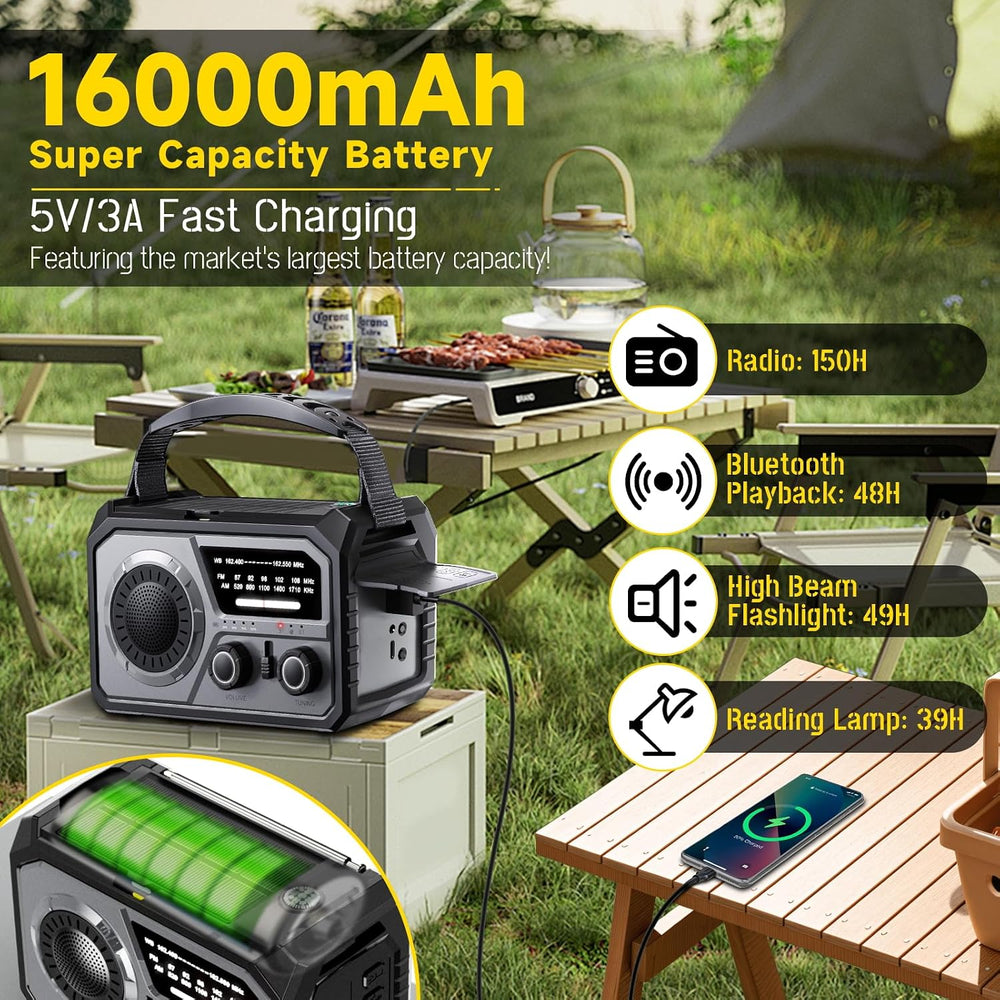 16000mAh Emergency Radio, NOAA/AM/FM Solar Hand Crank Weather Radio