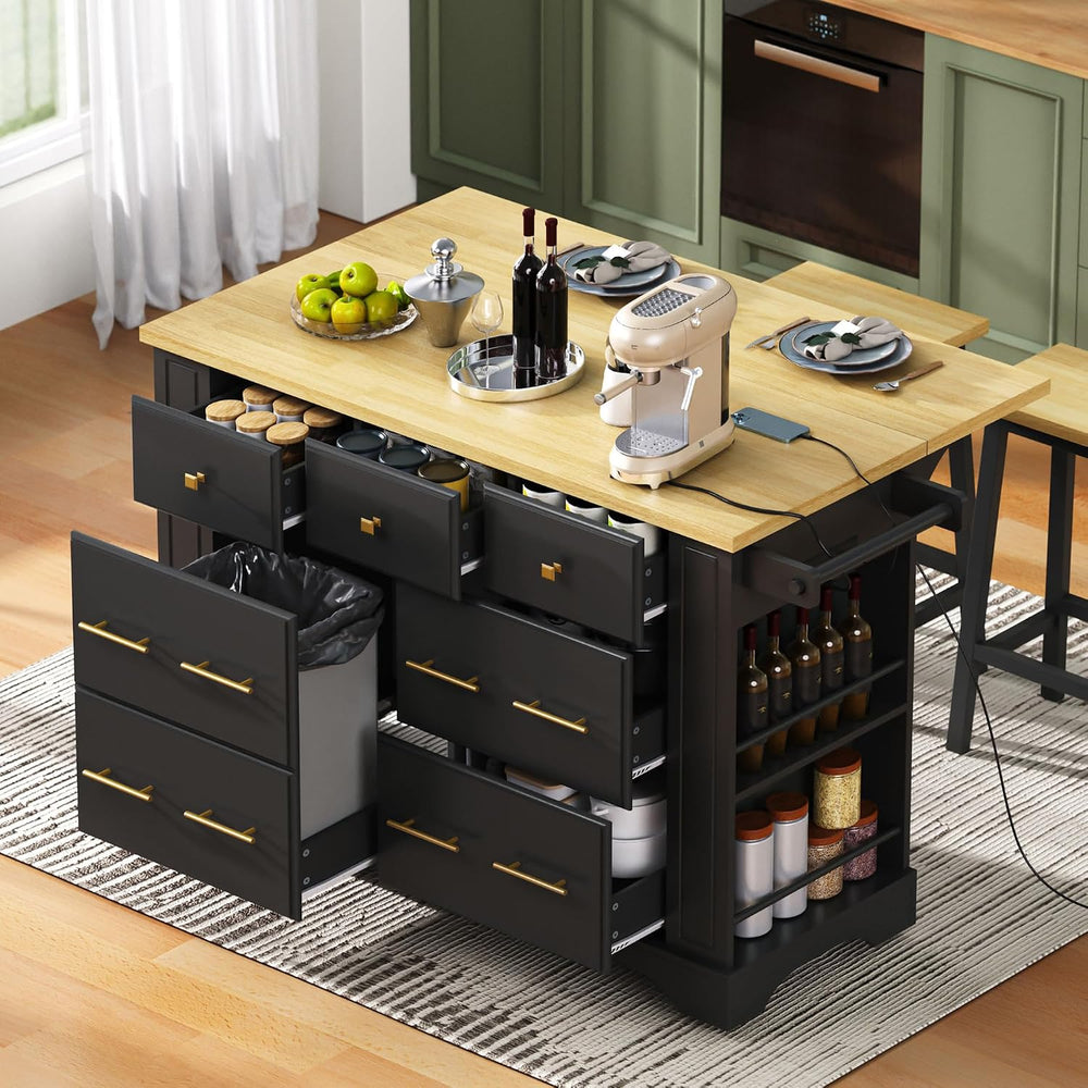 Geelife Kitchen Island with 6 Drawers and Pull-Out Trash Can Storage, Black |...