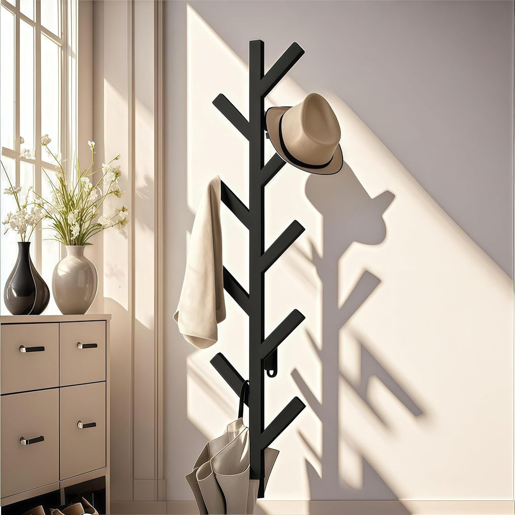 Prywot Coat Rack Wall Mounted - 9 Hooks, Coat Hooks for wall, Modern Metal Coat Tree for Hats, Jackets, Bags, Entryway Bedroom-Black (Height 37.8")