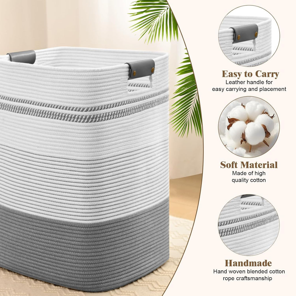 Laundry Hamper, 85L Tall Laundry Basket with Leather Handles, Rectangle Large Clothes Hamper for Organizing, Cotton Woven Laundry Baskets Storage Hampers for Bedroom, Nursery, Living Room