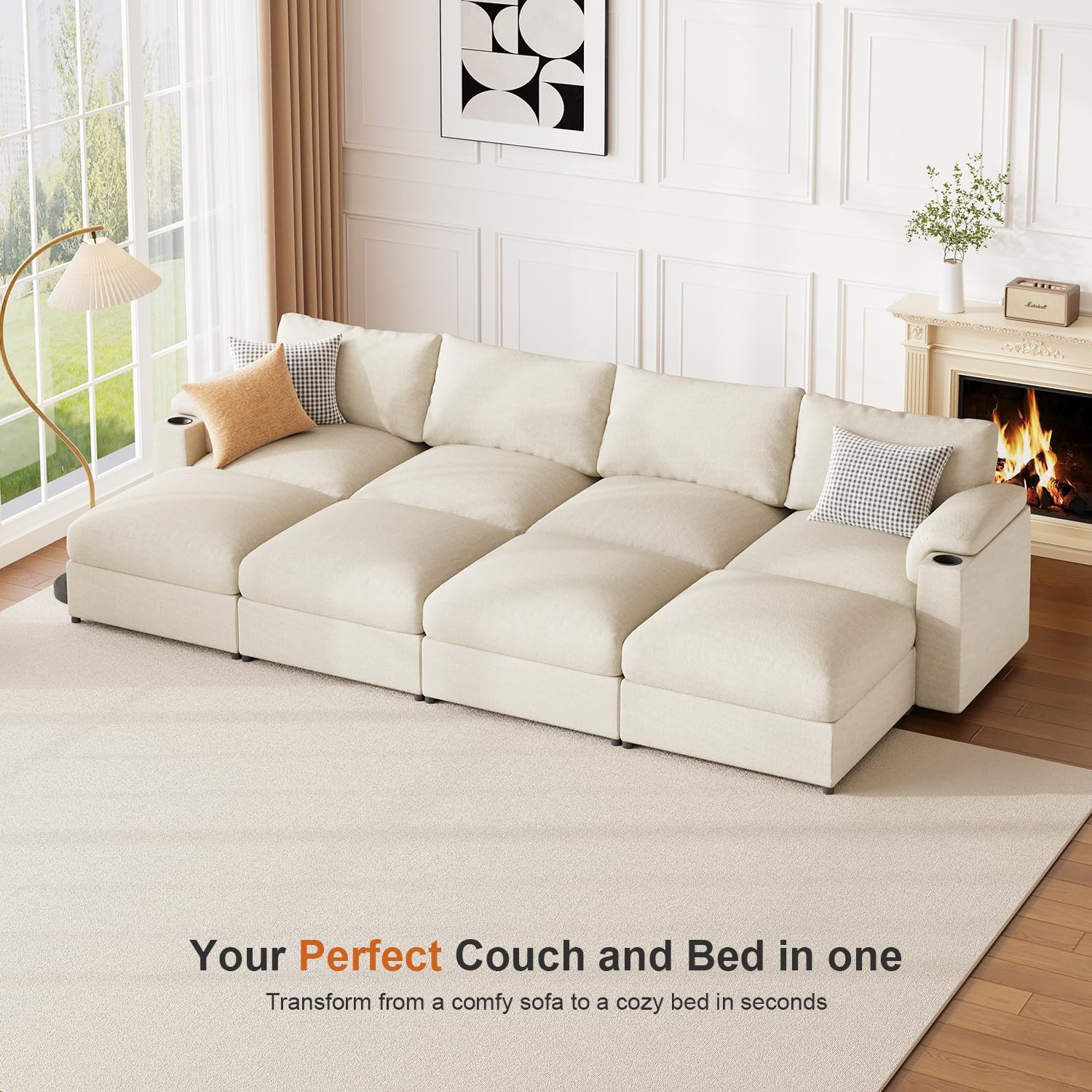 Couches Oversized Chenille Cloud Sofa (Chenille Beige, U Shaped 8 Seat) | Sectional Couch Chaise Detachable Armrest Cushion FSC Certified U Shaped Convertible Modular Sleeper Sofa for Living Room